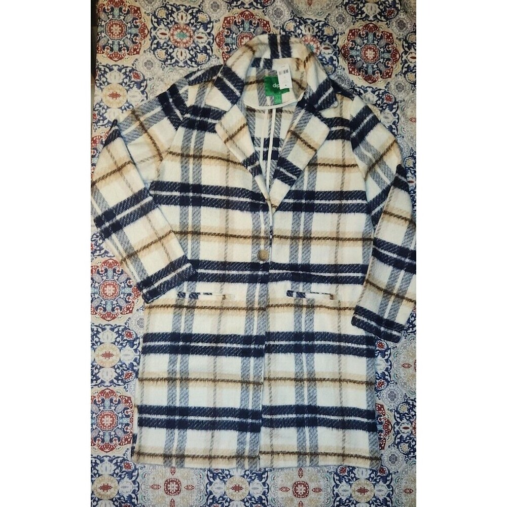 NWT Dip Blue/Cream Plaid Womens One Button Knee Length Coat Sz L